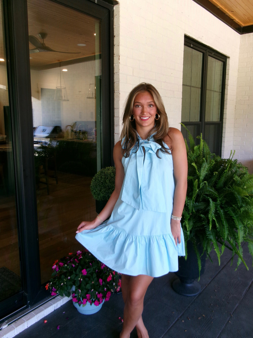 Front Ribbon High Neck Mini Dress