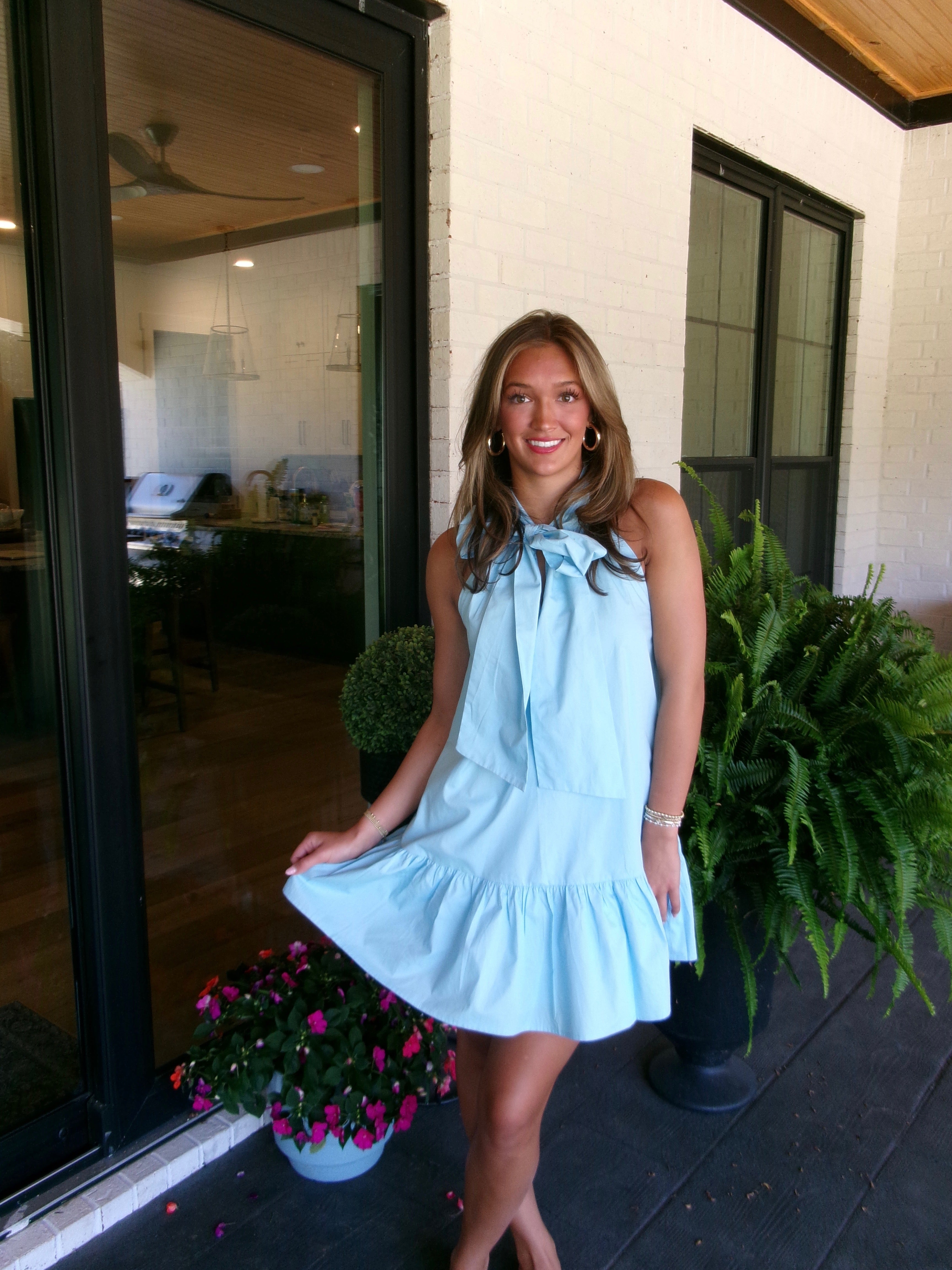 Front Ribbon High Neck Mini Dress