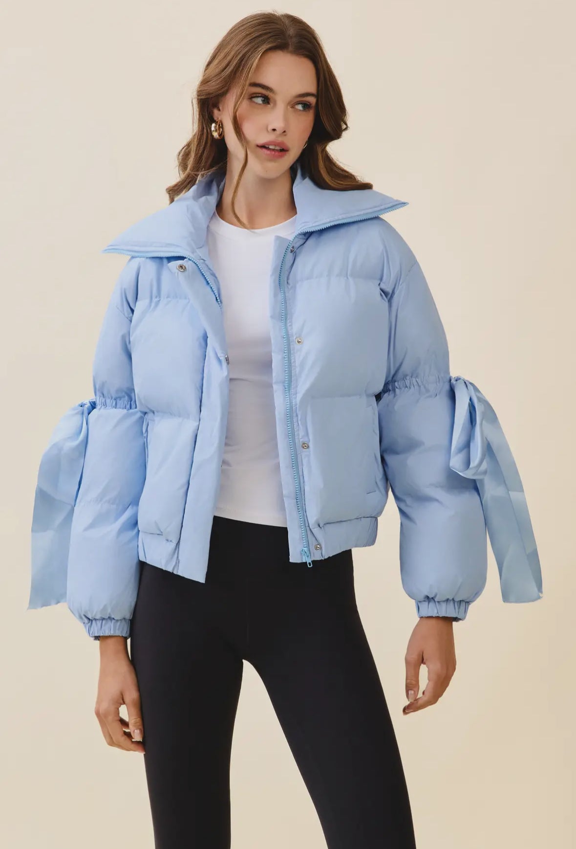 Baby Blue Puffer Jacket With Bow