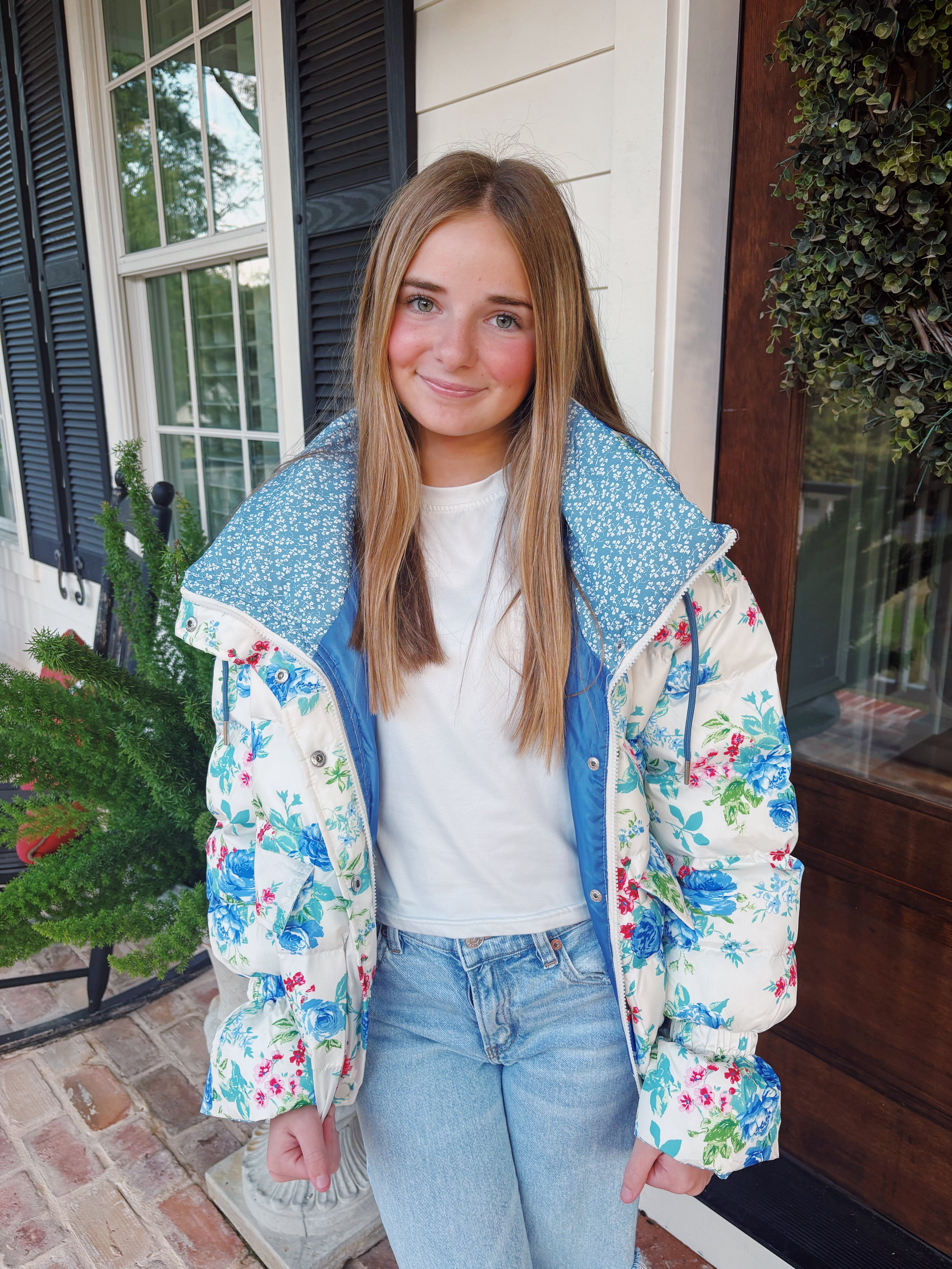 Olive Floral Print Puffer Jacket