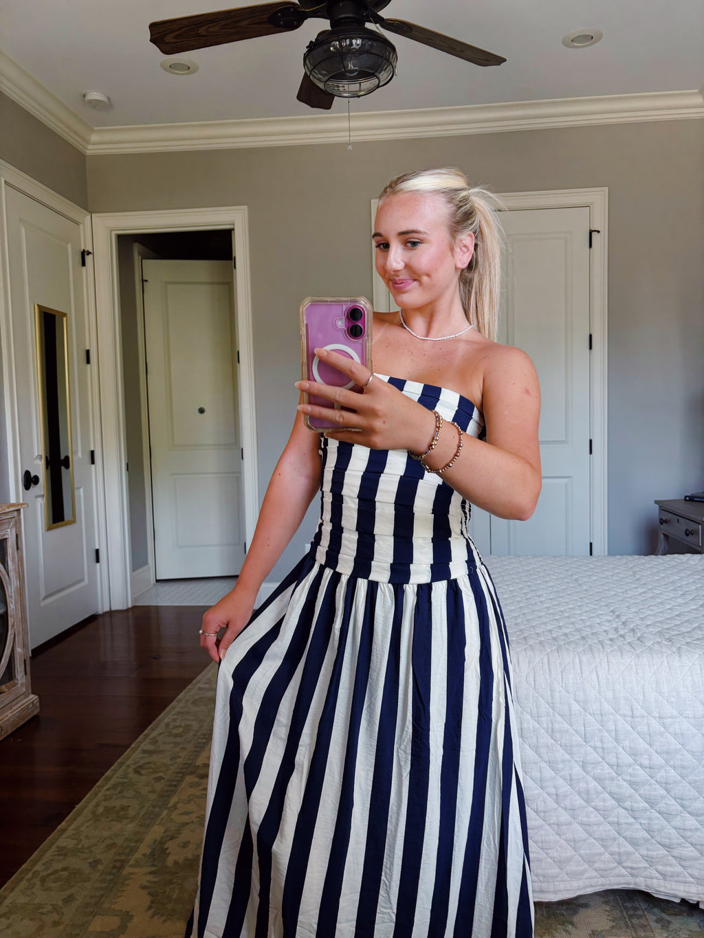 Vertical Stripe Strapless Midi