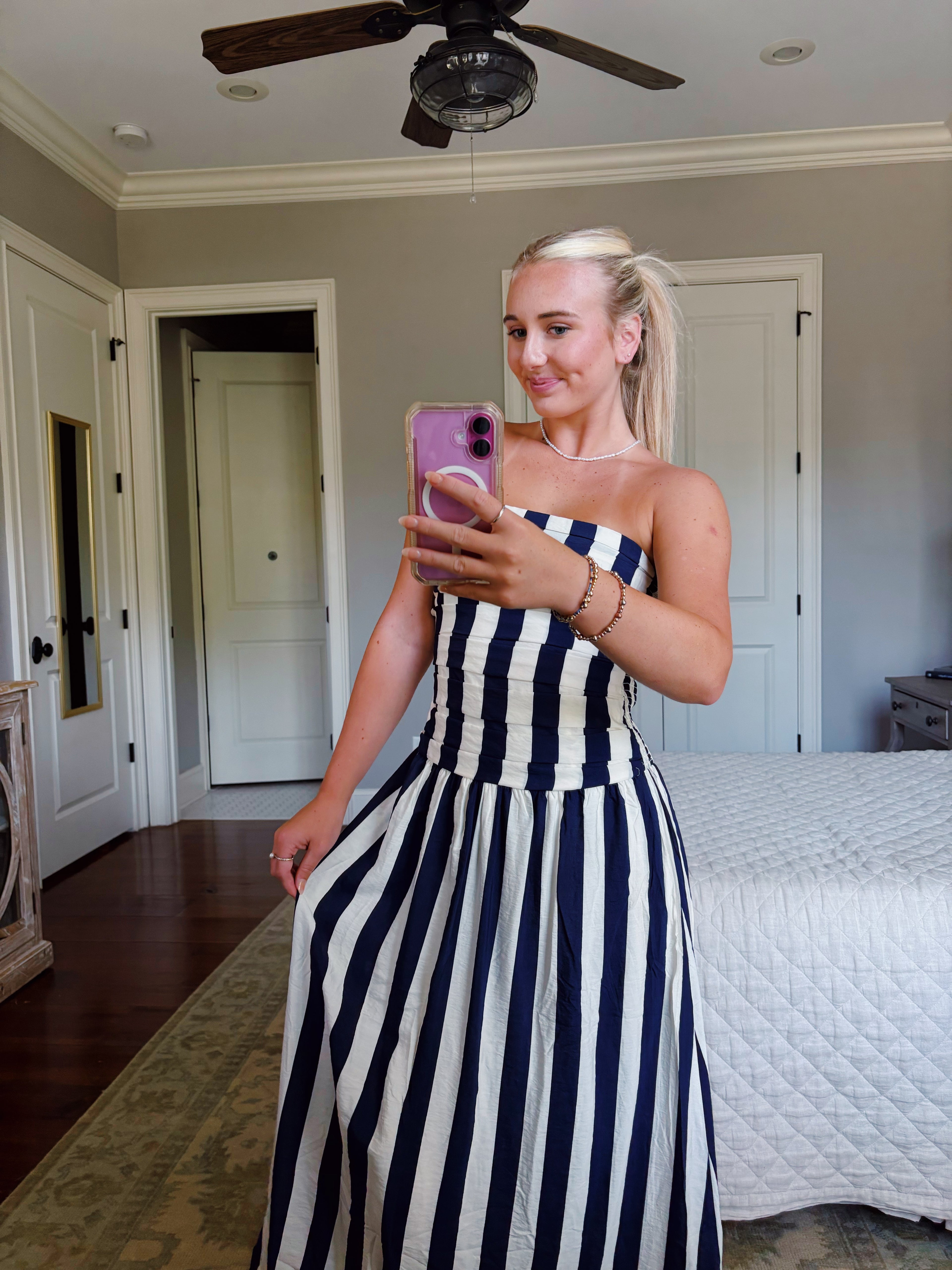 Vertical Stripe Strapless Midi