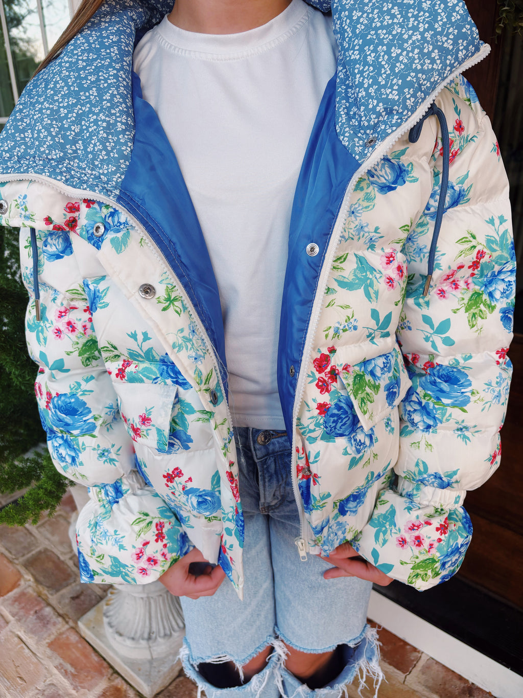 Olive Floral Print Puffer Jacket