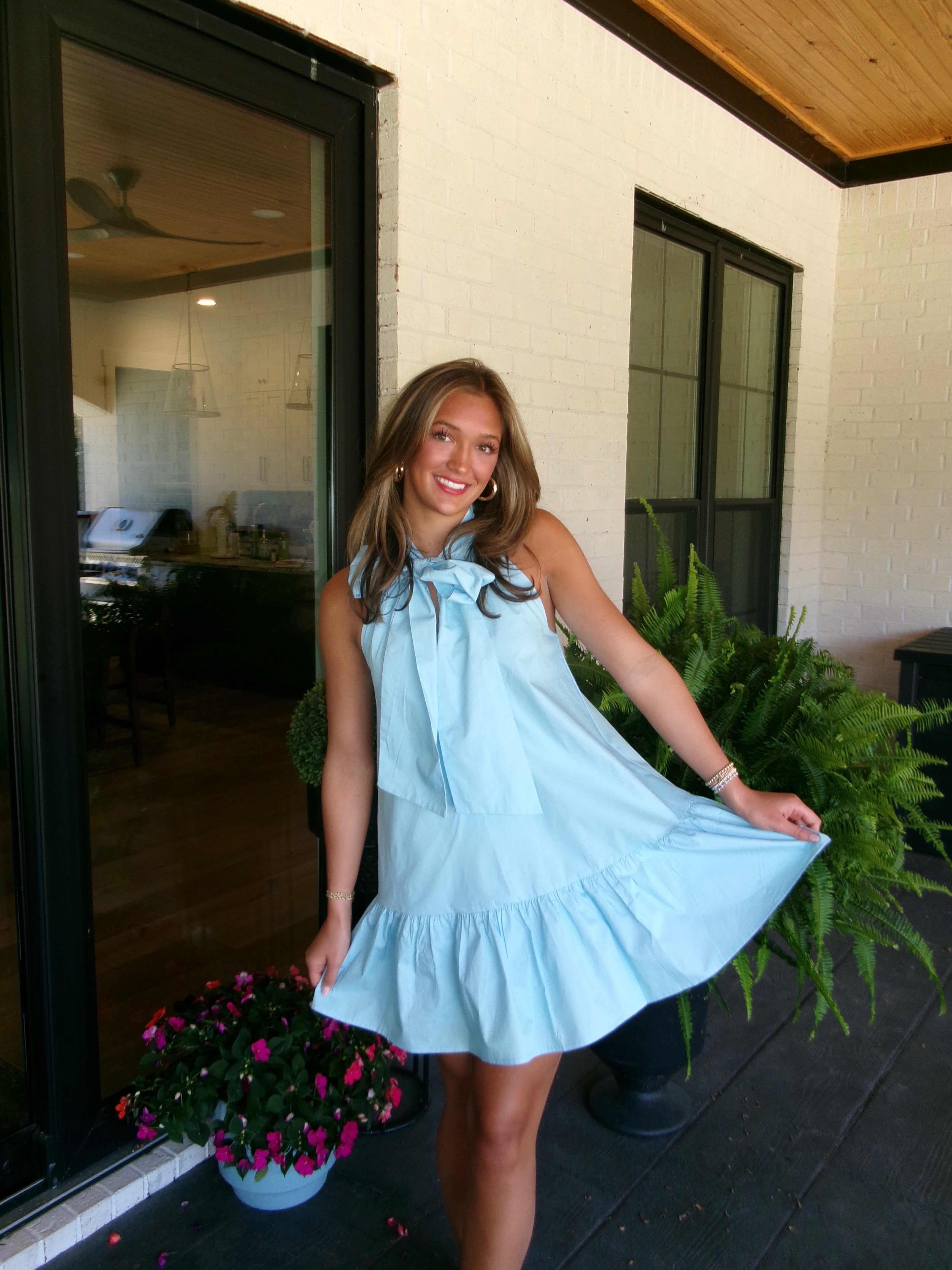 Front Ribbon High Neck Mini Dress