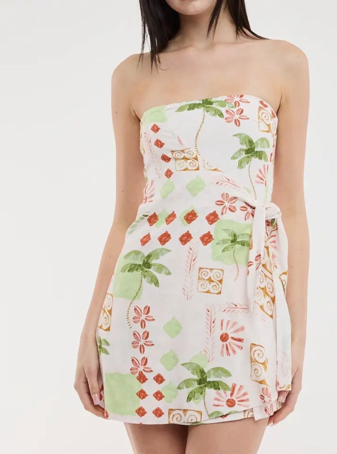 Vintage Palm Tree One-Side Tie Wrap Mini Dress