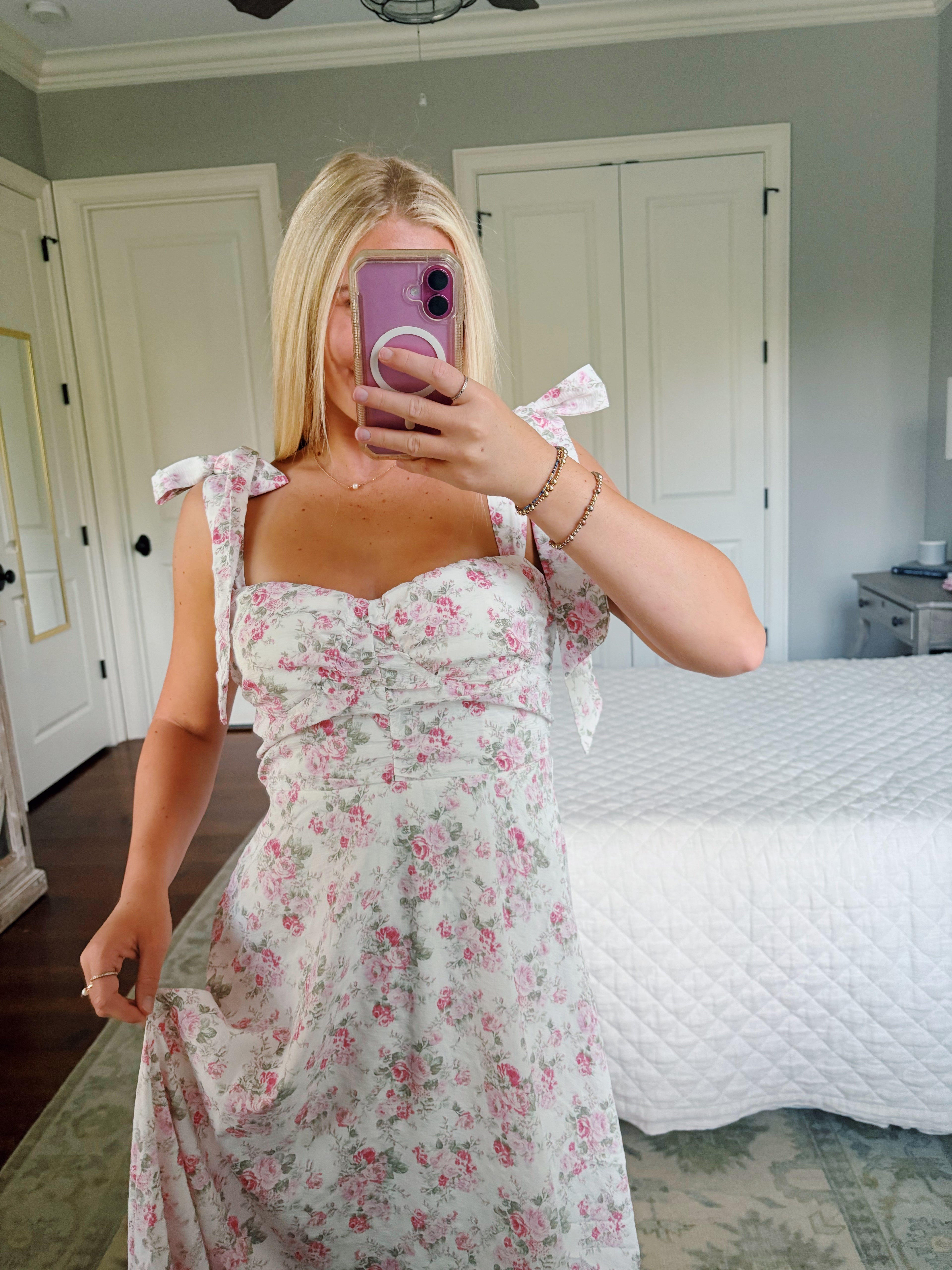 Floral Tie Strap Ruched Maxi