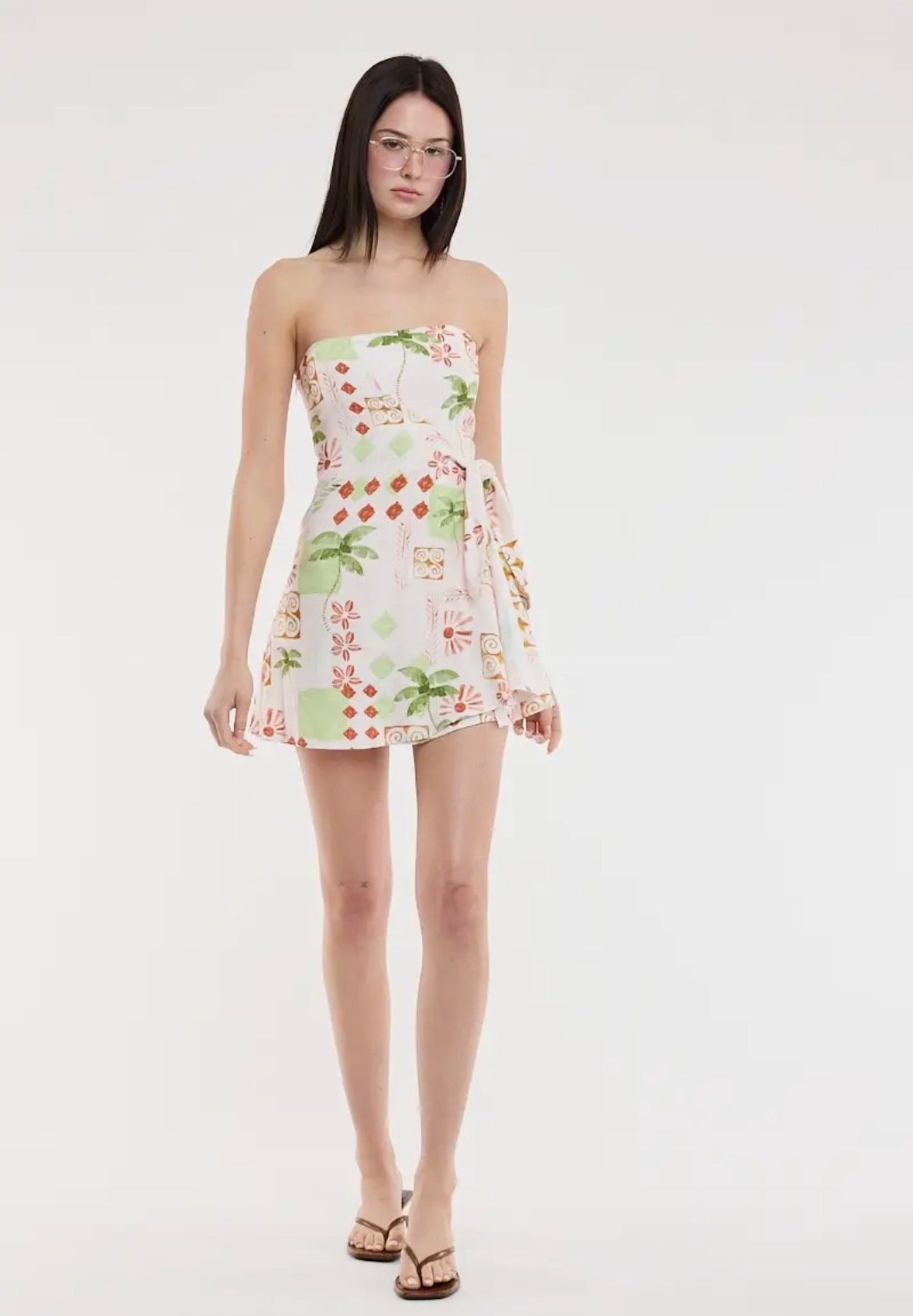 Vintage Palm Tree One-Side Tie Wrap Mini Dress