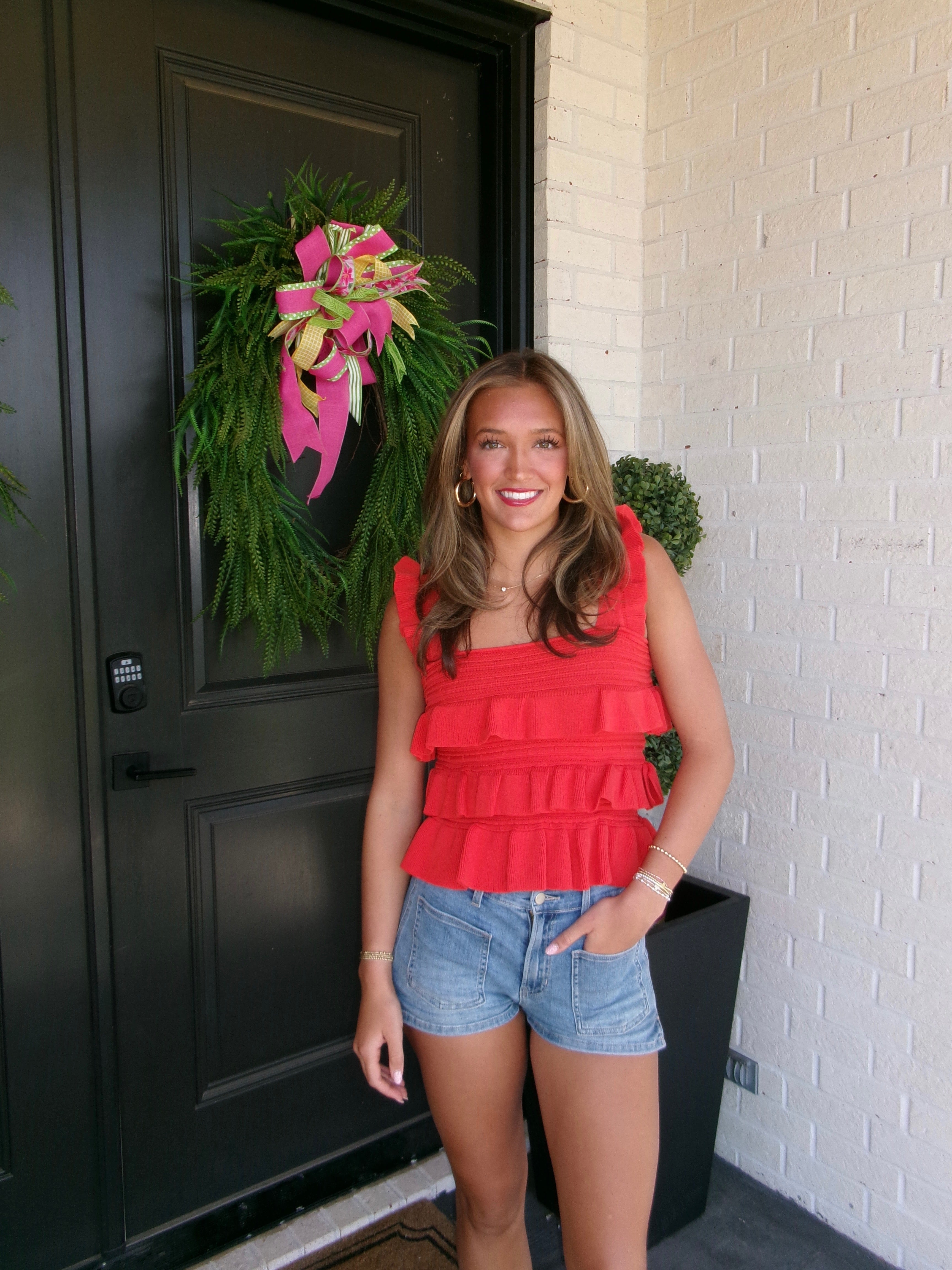 Julie Red Ruffled Knit Top