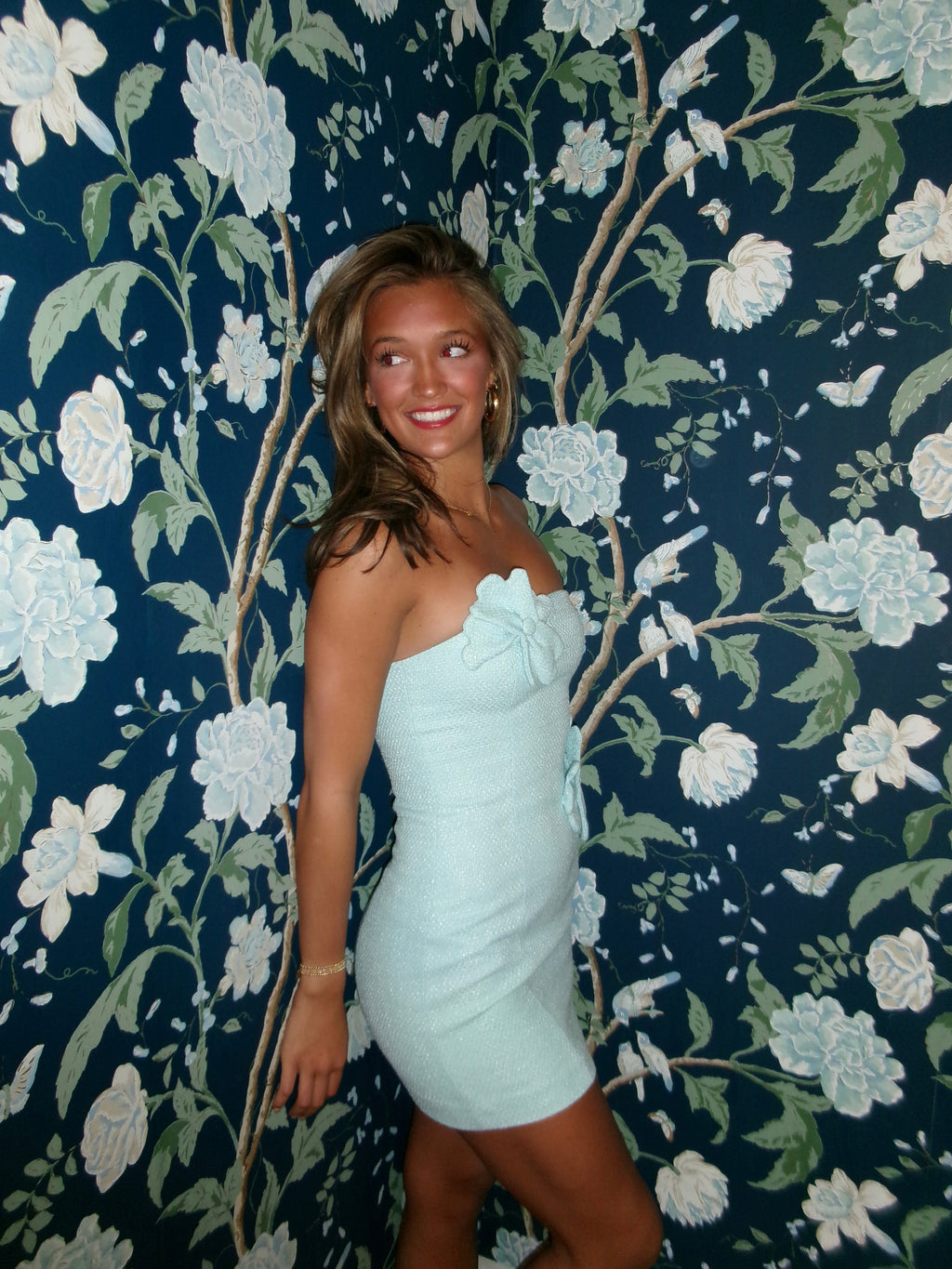 Aqua 3D Flower Design Strapless Mini Dress