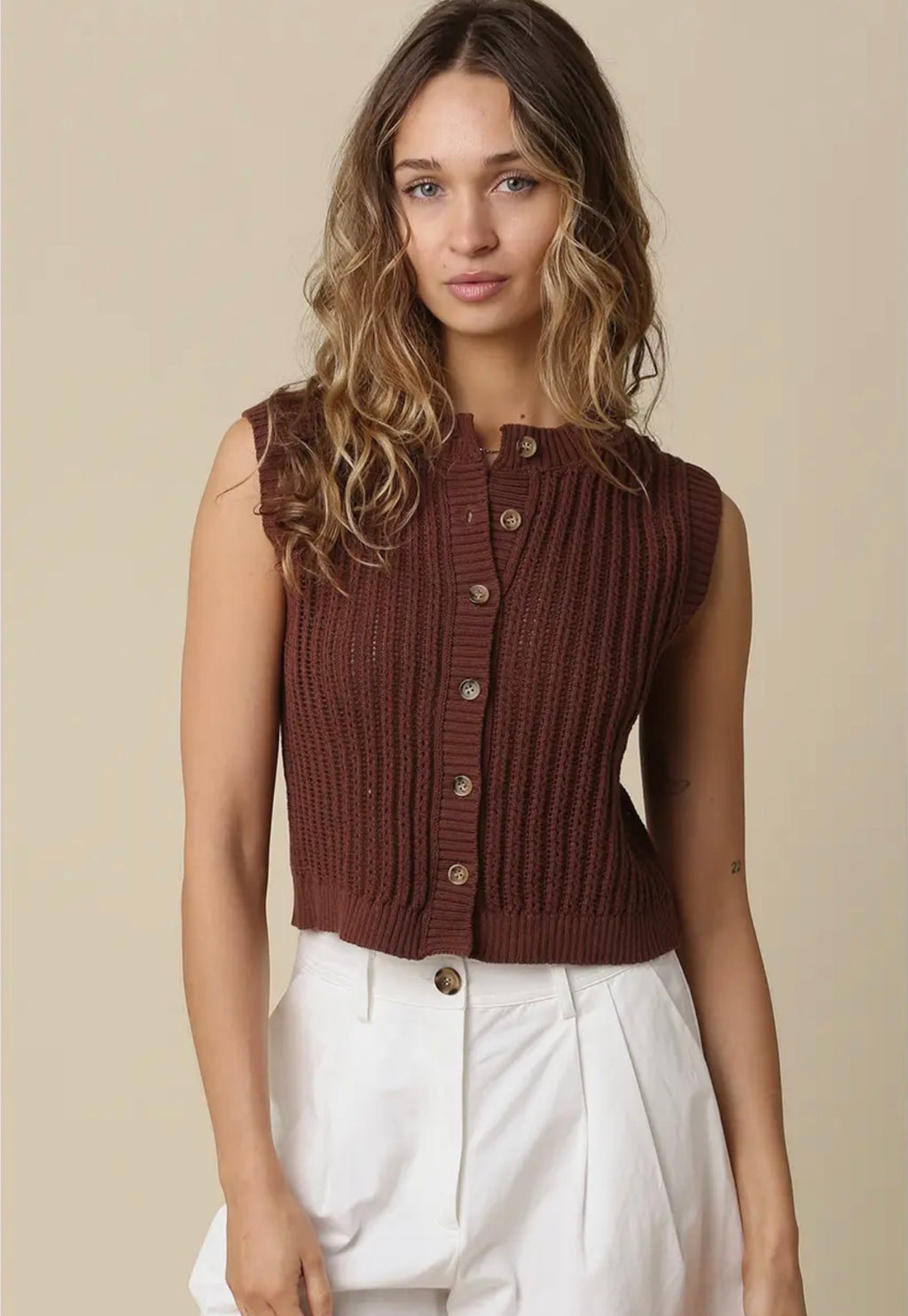 Mocha Button Vest Top