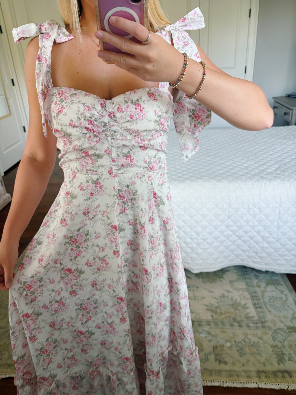 Floral Tie Strap Ruched Maxi