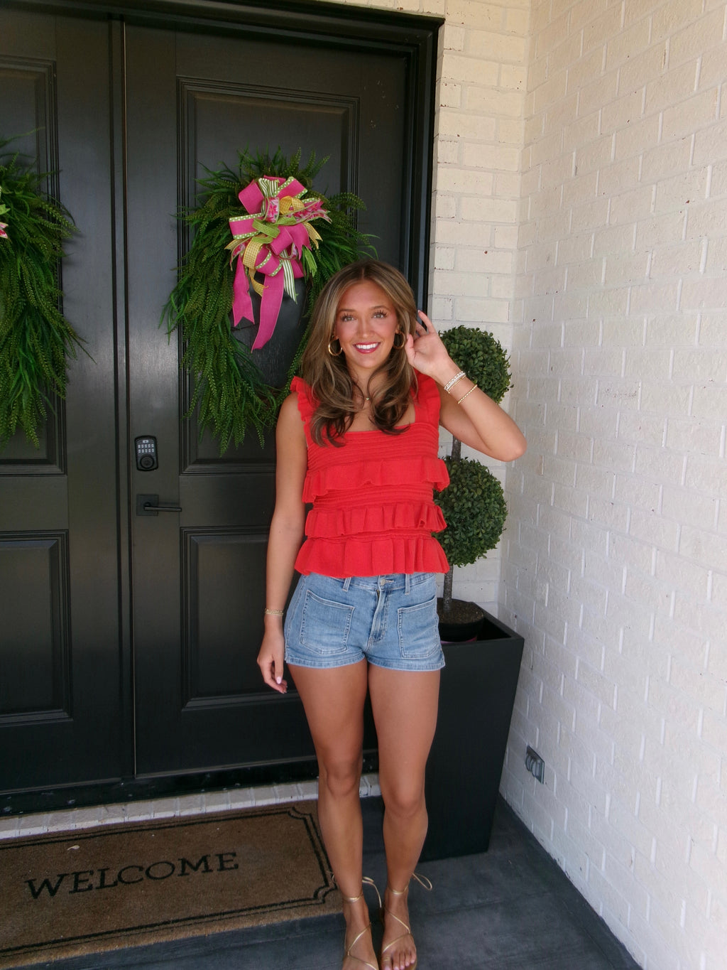 Julie Red Ruffled Knit Top