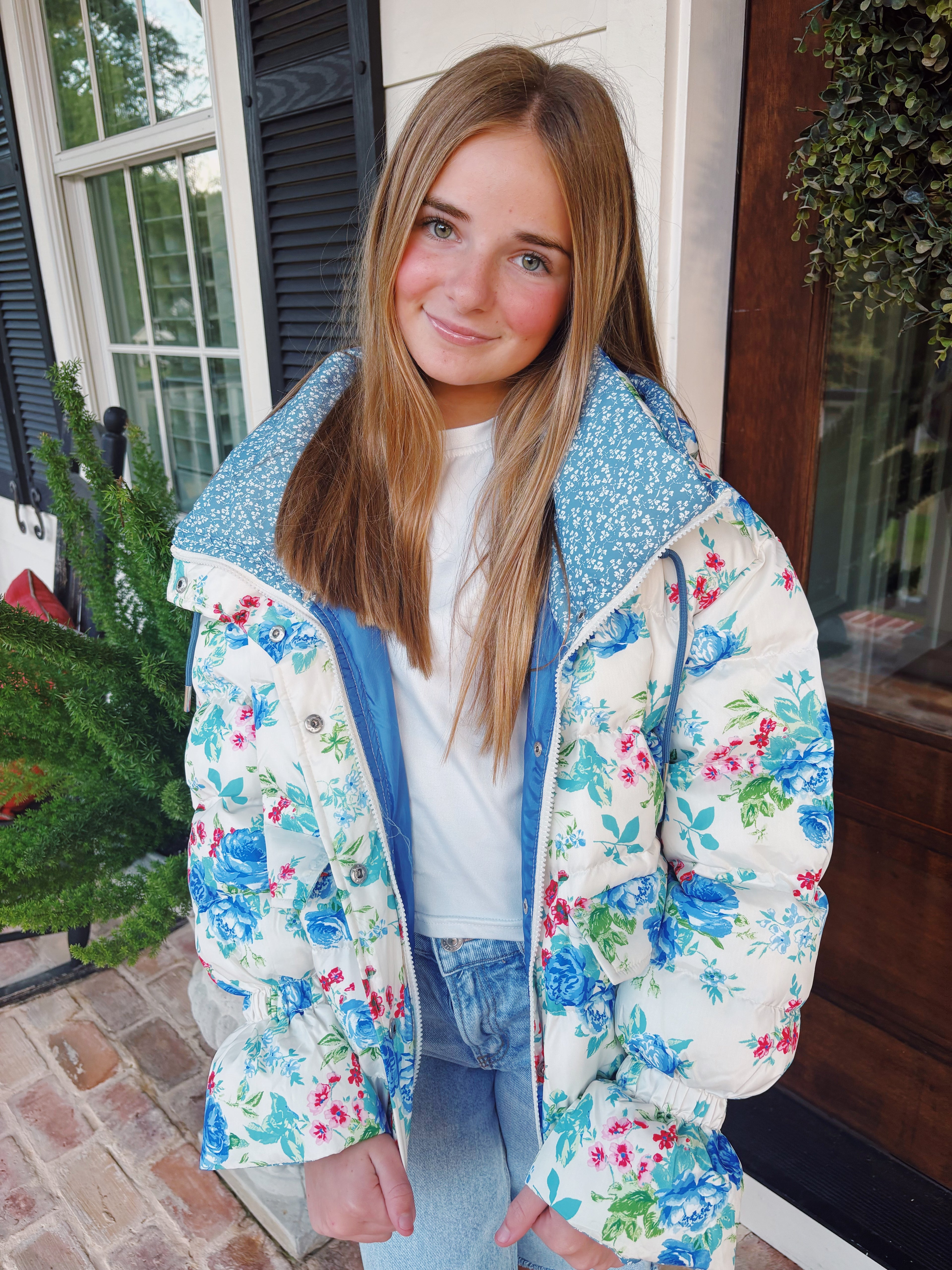 Olive Floral Print Puffer Jacket