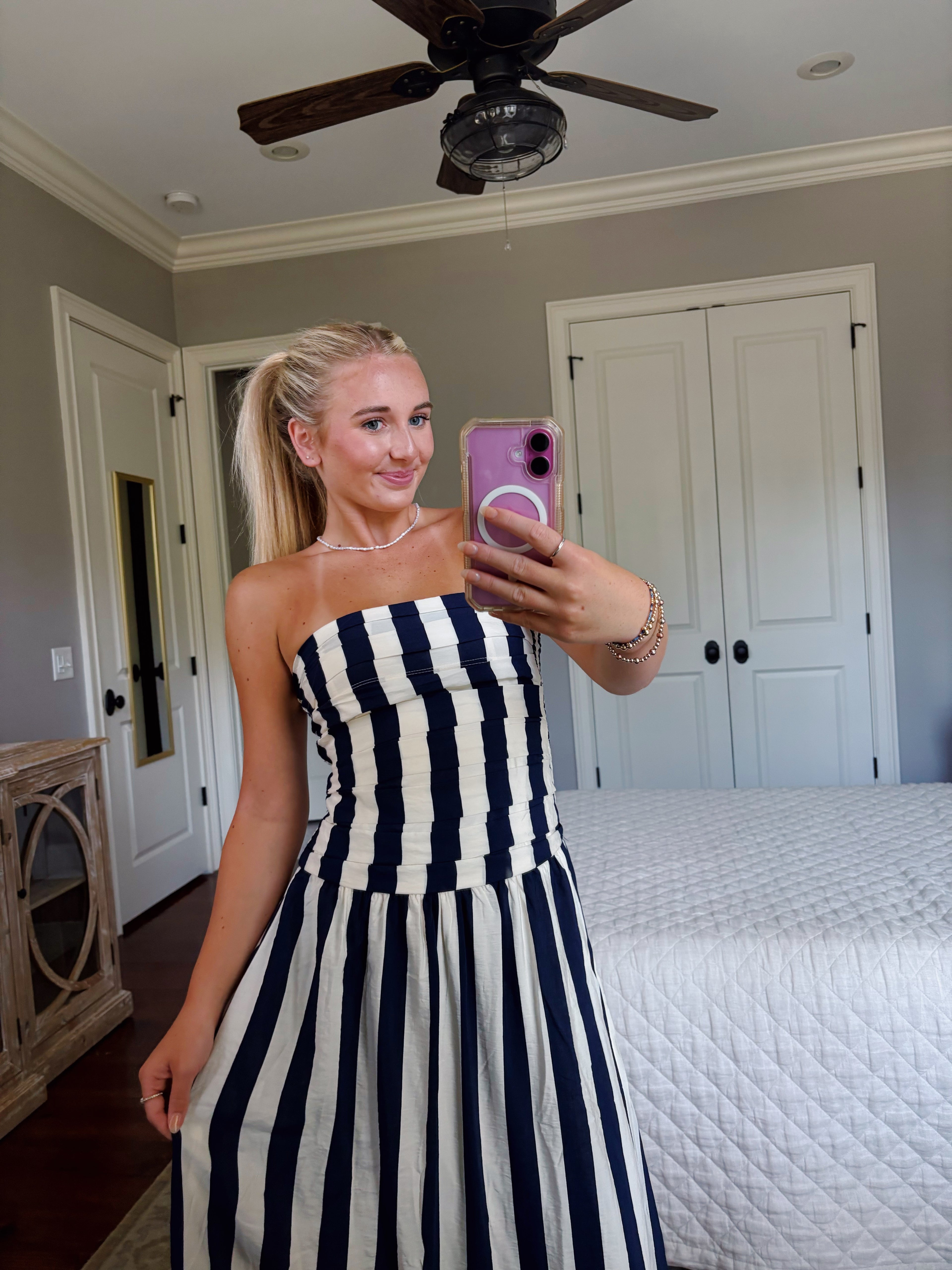 Vertical Stripe Strapless Midi