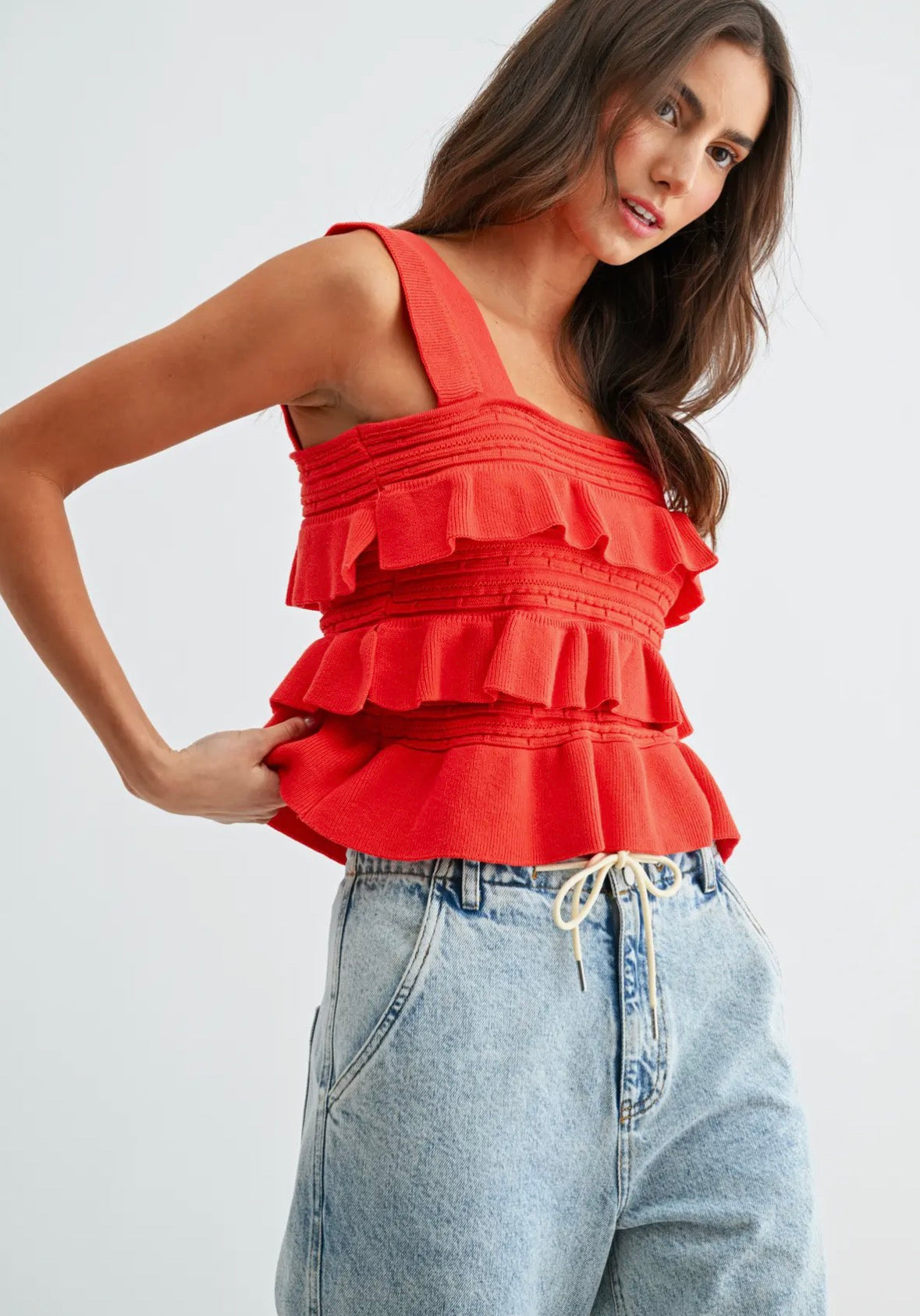 Julie Red Ruffled Knit Top