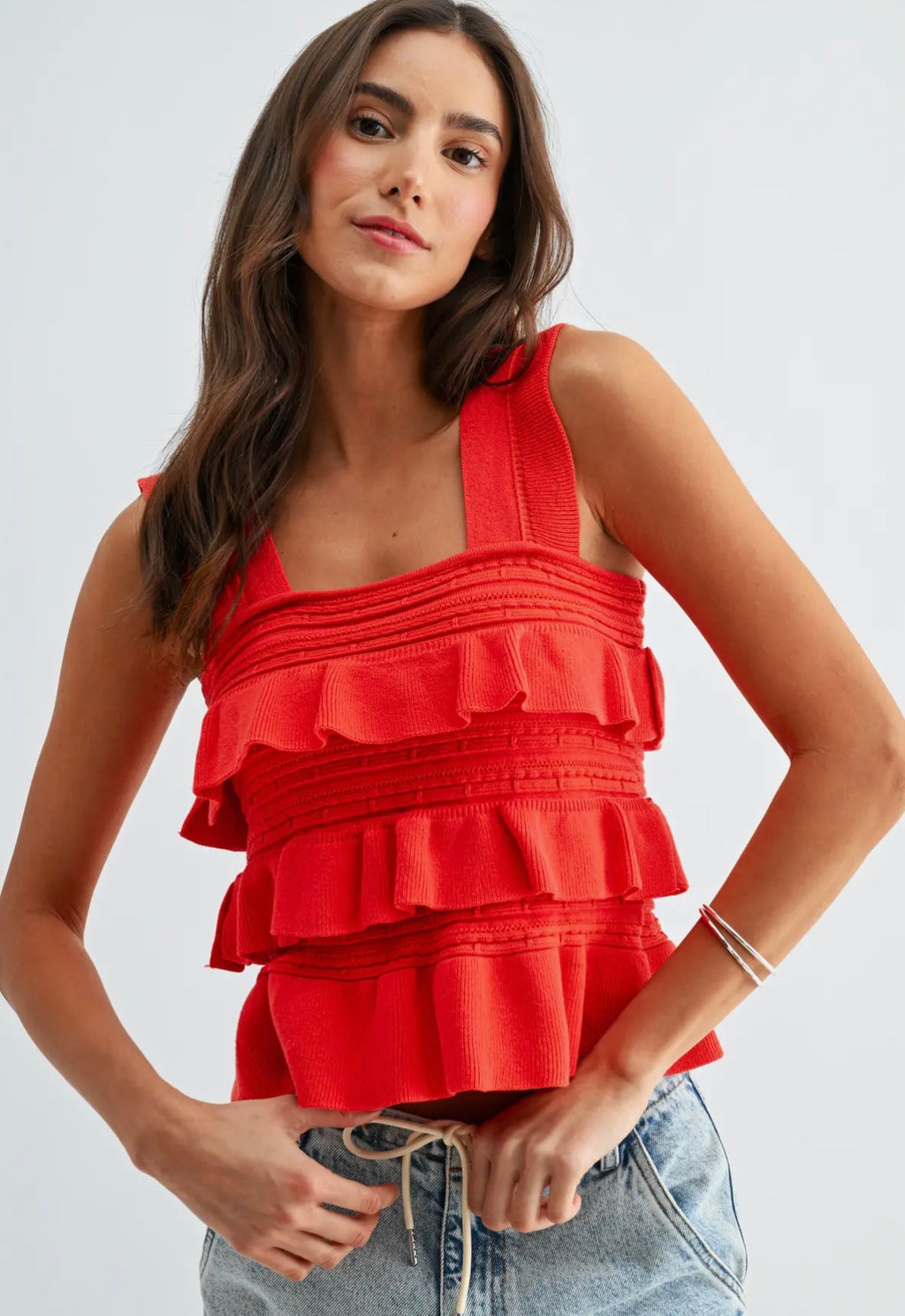 Julie Red Ruffled Knit Top