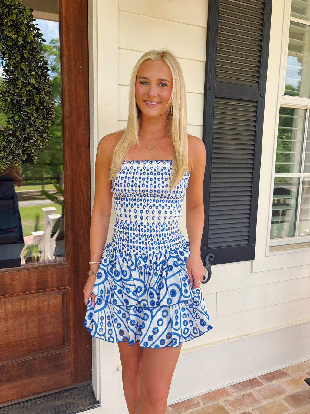 Smocking Eyelet Ruffle Mini Dress