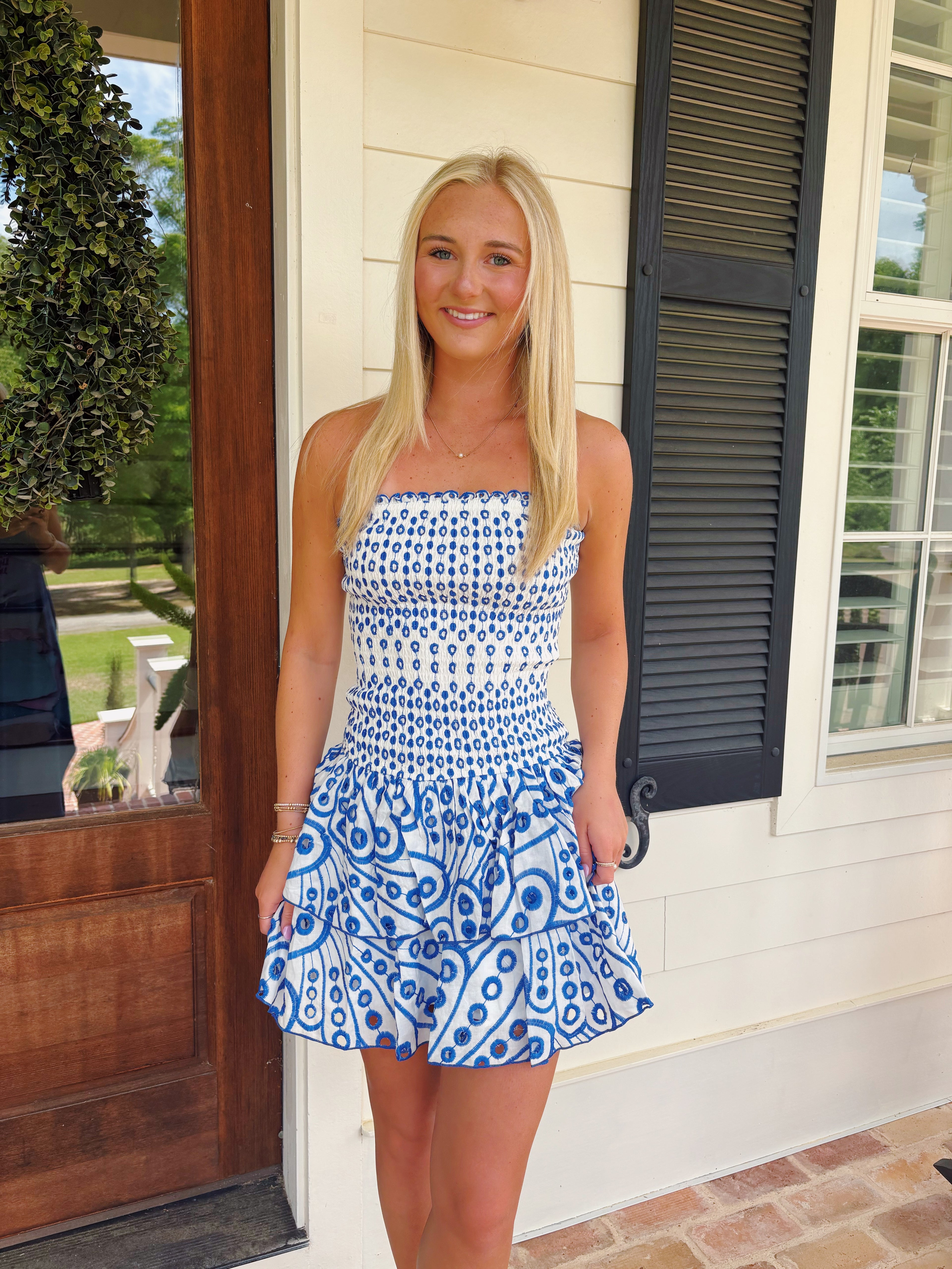 Smocking Eyelet Ruffle Mini Dress